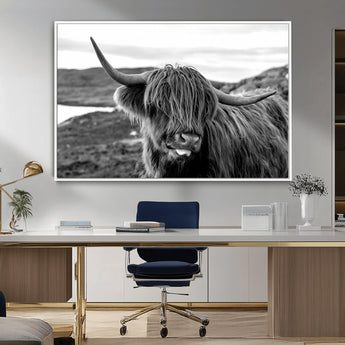 83810-MGV-FC-36X24_White-Highland Cow Wall Art – Black and White Highland Cattle Print, Rustic Farmhouse Animal Decor for Living Room