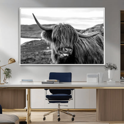 83810-MGV-FC-36X24_White-Highland Cow Wall Art – Black and White Highland Cattle Print, Rustic Farmhouse Animal Decor for Living Room
