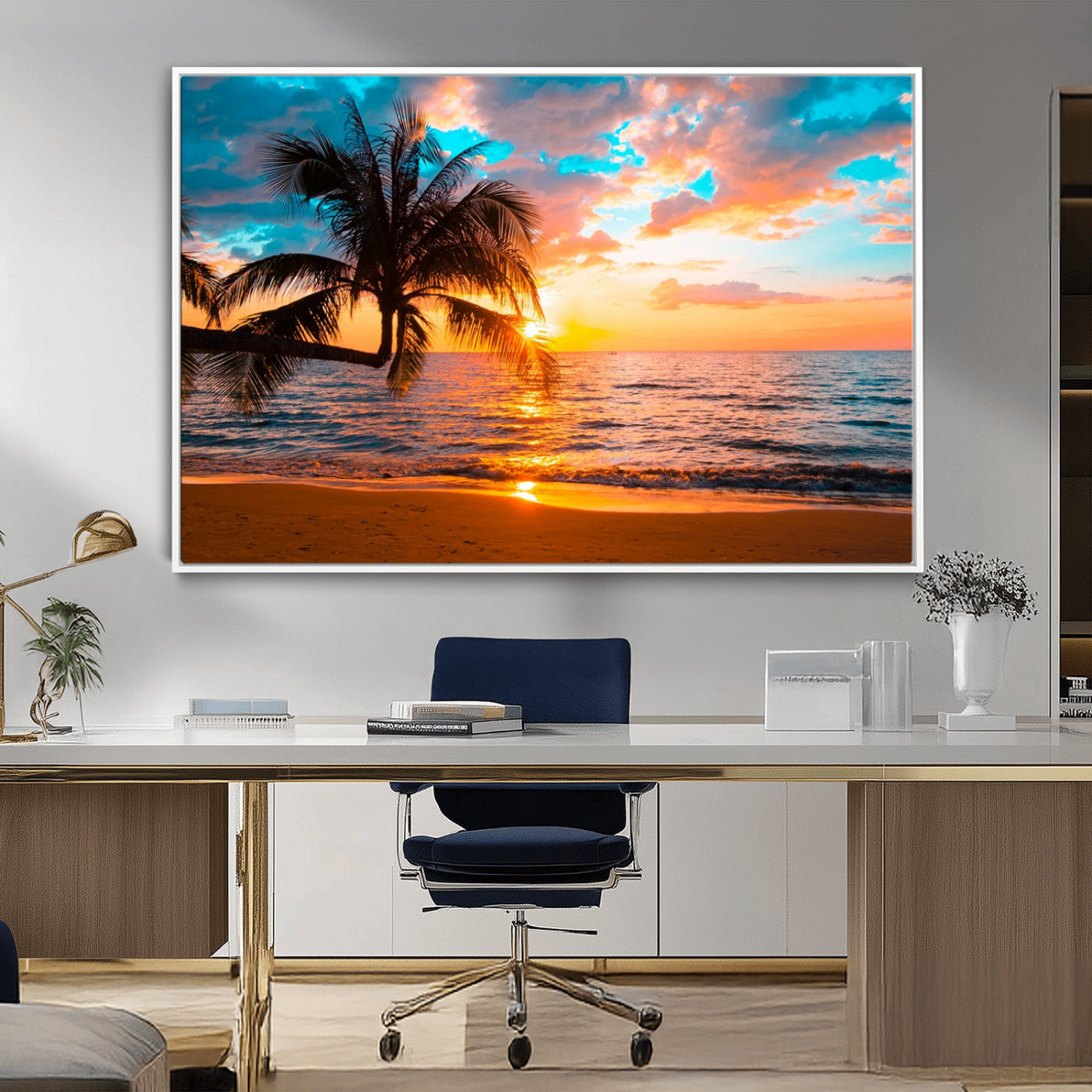34674-MGV-FC-36X24_White-Tropical Sunset Beach Wall Art – Palm Tree Ocean Canvas Print, Coastal Seascape Decor for Living Room or Office Wall