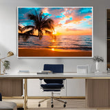 34674-MGV-FC-36X24_White-Tropical Sunset Beach Wall Art – Palm Tree Ocean Canvas Print, Coastal Seascape Decor for Living Room or Office Wall