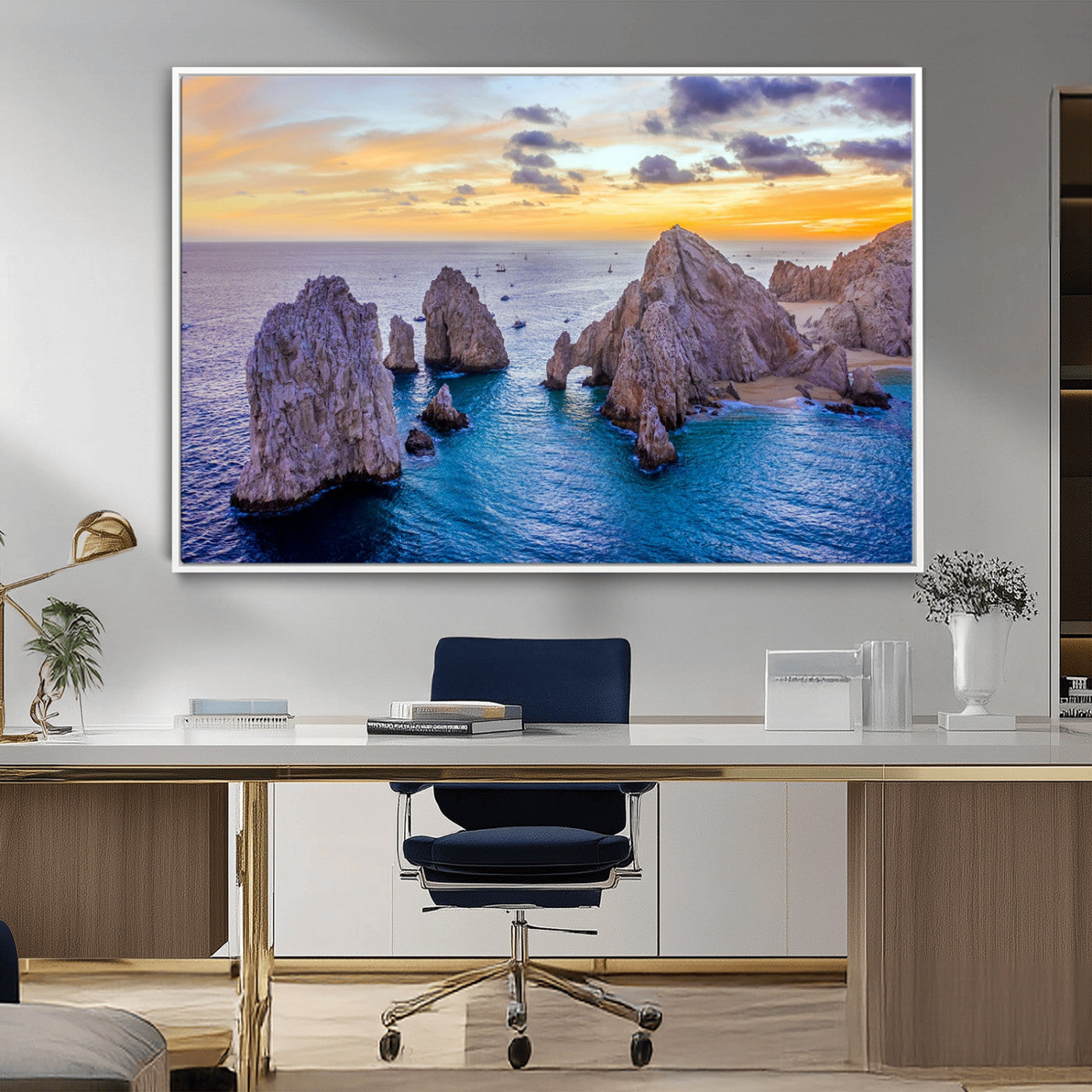 72955-MGV-FC-36X24_White-Ocean Rock Formation Wall Art – Sunset Coastal Seascape Print, Beach Landscape Decor for Living Room or Office