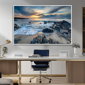 17902-MGV-FC-36X24_White-Rocky Shore Ocean Sunset Wall Art – Coastal Seascape Canvas Print, Nature Beach Decor for Living Room or Office