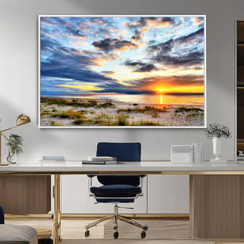 39645-MGV-FC-36X24_White-Golden Beach Sunset Wall Art – Serene Ocean Horizon Canvas Print, Coastal Nature Landscape Decor for Living Room, Bedroom or