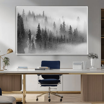 57235-MGV-CV-36X24-Misty Pine Forest Wall Art – Black and White Mountain Landscape Canvas Print, Nature Woodland Decor for Living Room, Bedroom or