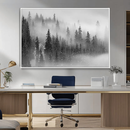 57235-MGV-FC-36X24_White-Misty Pine Forest Wall Art – Black and White Mountain Landscape Canvas Print, Nature Woodland Decor for Living Room, Bedroom or