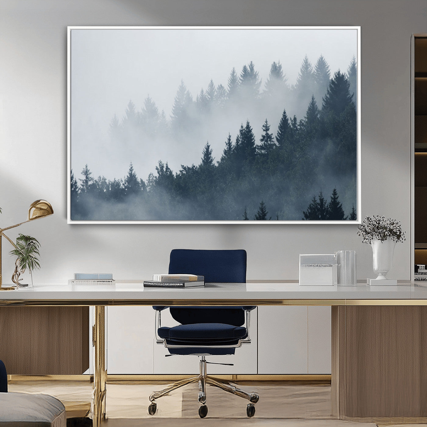 23671-MGV-CV-36X24-Misty Forest Wall Art – Serene Foggy Pine Trees Landscape Canvas Print, Tranquil Nature Decor for Living Room, Bedroom or Office