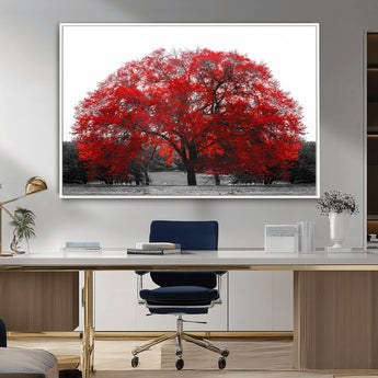 80021-MGV-CV-36X24-Red Tree Wall Art – Striking Black and White Landscape Canvas Print with Vibrant Red Leaves, Modern Nature Decor for Living Room