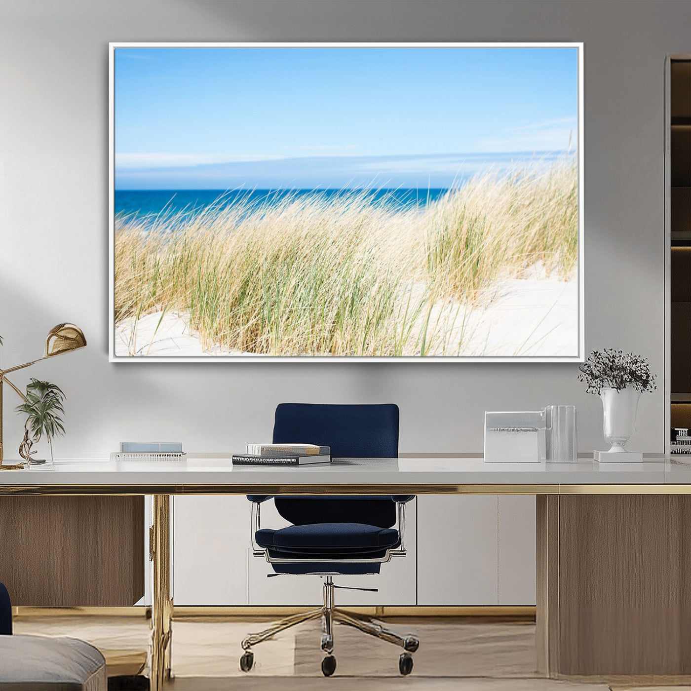96913-MGV-FC-36X24_White-Coastal Dunes Wall Art – Serene Beach Grass and Blue Ocean Canvas Print, Relaxing Seaside Nature Decor for Living Room, Bedroom or