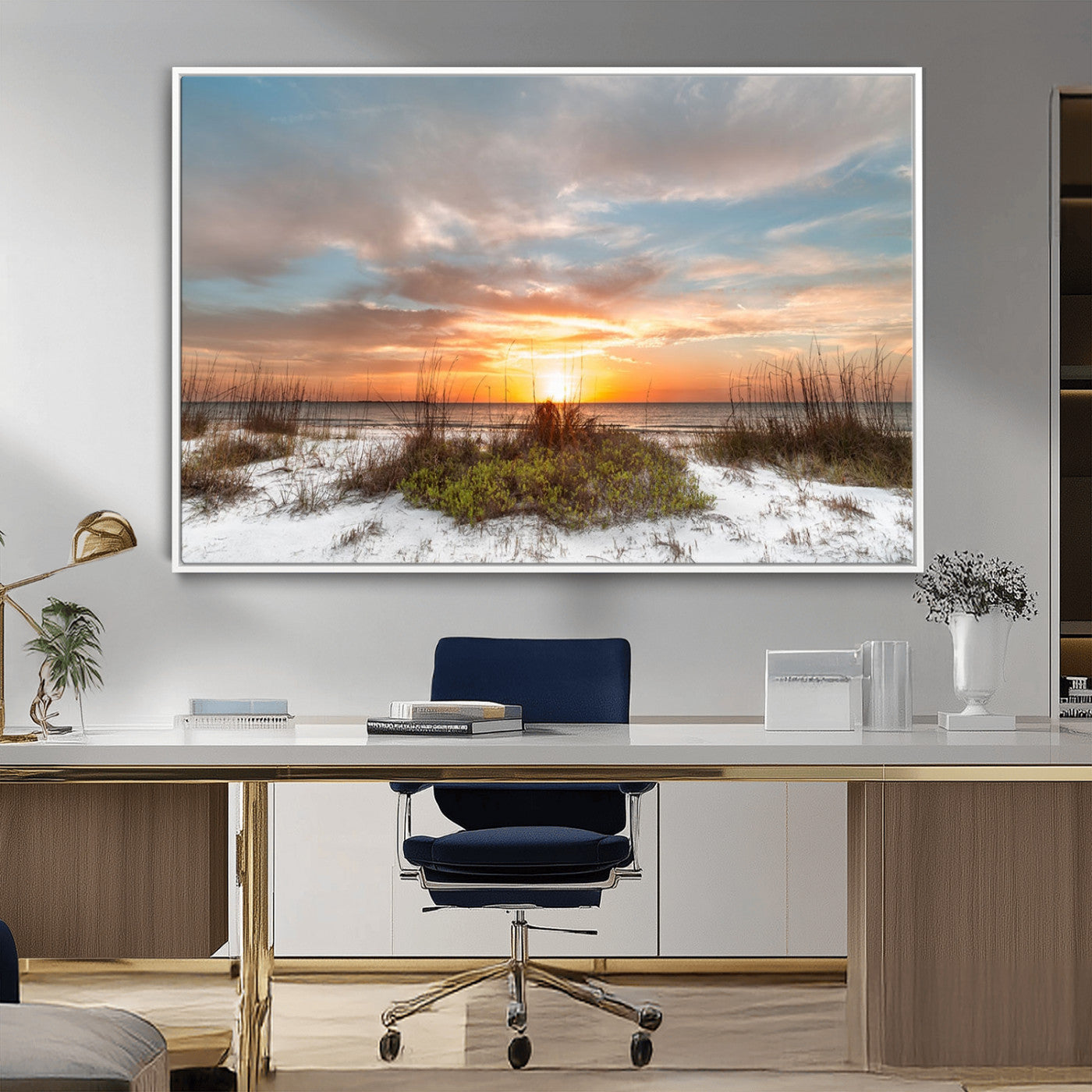 91064-MGV-FC-36X24_White-Beach Sunset Wall Art – Coastal Sand Dunes and Ocean Horizon Canvas Print, Seaside Landscape Wall Decor for Living Room, Bedroom