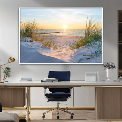 48907-MGV-FC-36X24_White-Beach Sunset Wall Art – Coastal Sand Dunes and Ocean View Canvas Print, Serene Seaside Landscape Painting for Living Room, Bedroom
