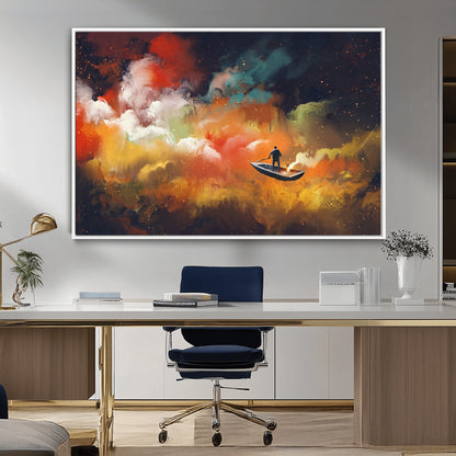 45085-MGV-FC-36X24_White-Surreal Cosmic Wall Art – Abstract Galaxy Dreamscape Canvas Print with Man and Dog in Boat, Fantasy Nebula Painting for Living