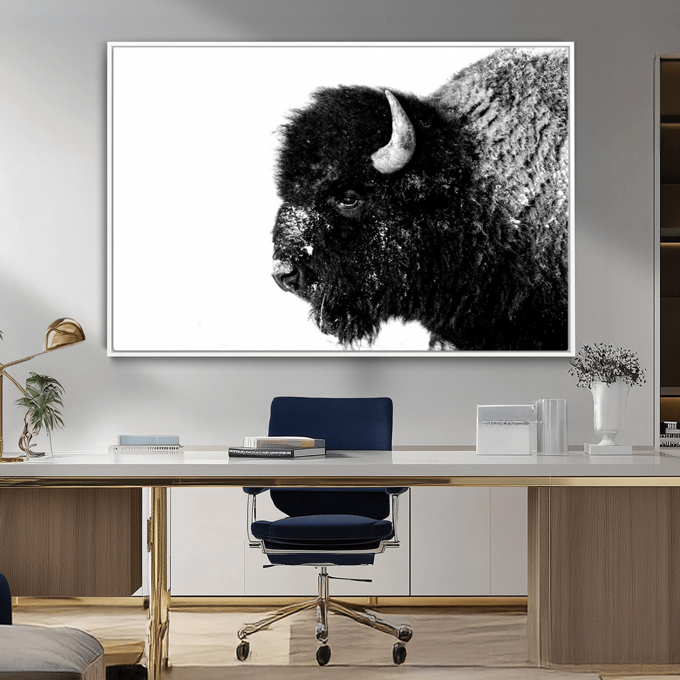 68780-MGV-CV-36X24-Bison Close-Up Wall Art – Black and White Buffalo Canvas Print, Rustic Wildlife Photography Decor for Living Room, Office, or
