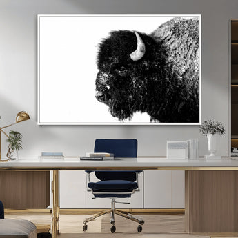68780-MGV-CV-36X24-Bison Close-Up Wall Art – Black and White Buffalo Canvas Print, Rustic Wildlife Photography Decor for Living Room, Office, or