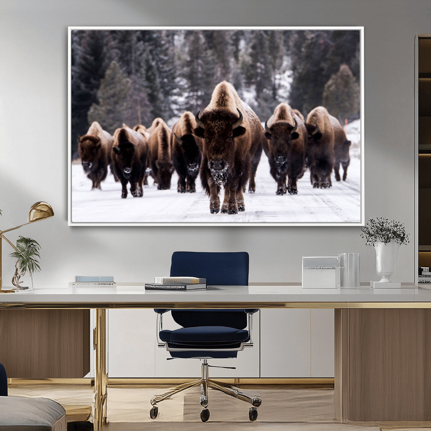 66871-MGV-FC-36X24_White-Bison Herd Wall Art – Wildlife Buffalo Canvas Print, Rustic Western Nature Photography Decor for Living Room, Office, Cabin, or