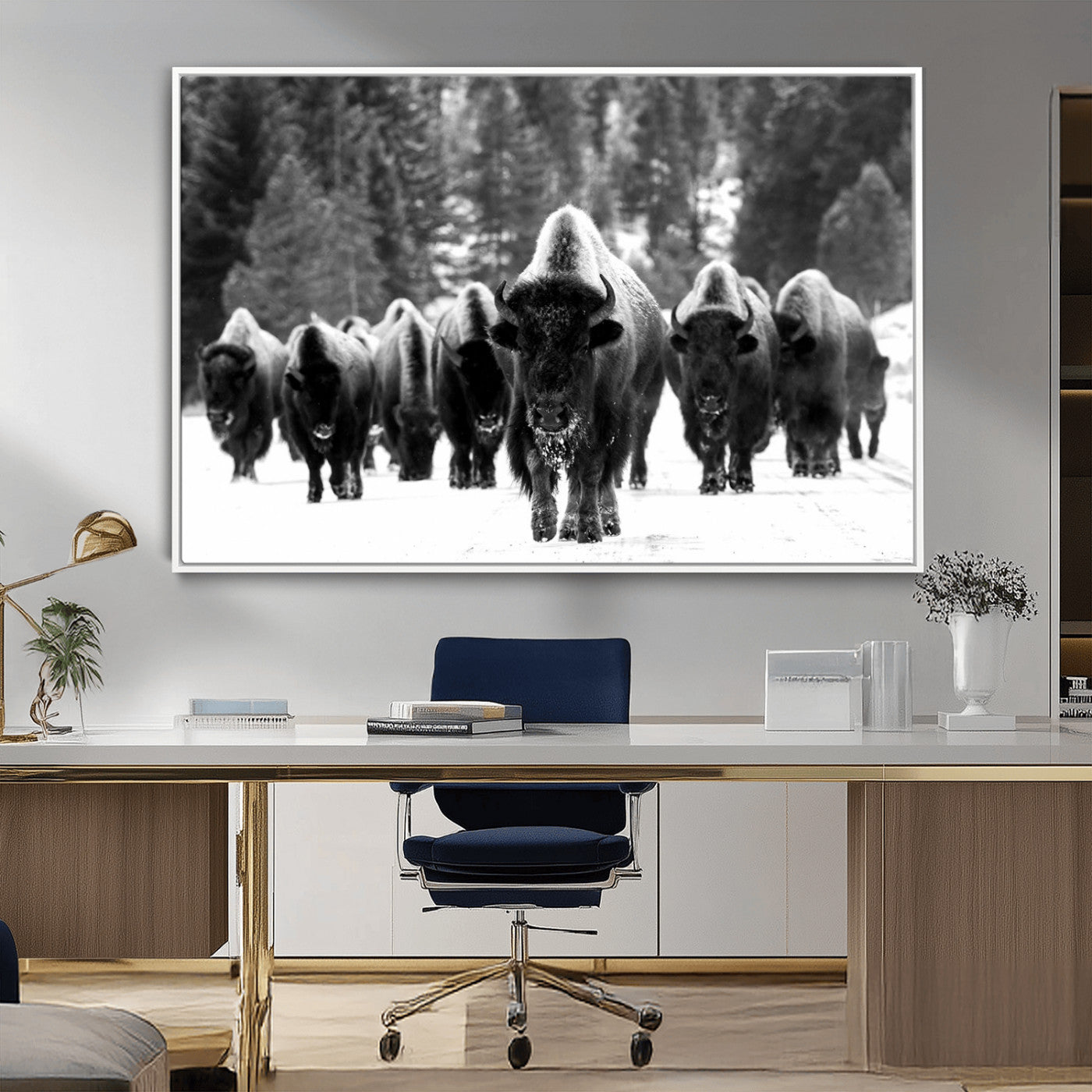 62434-MGV-CV-36X24-Bison Herd Wall Art – Majestic Black and White Buffalo Canvas Print, Wildlife Nature Photography Decor for Living Room, Office or