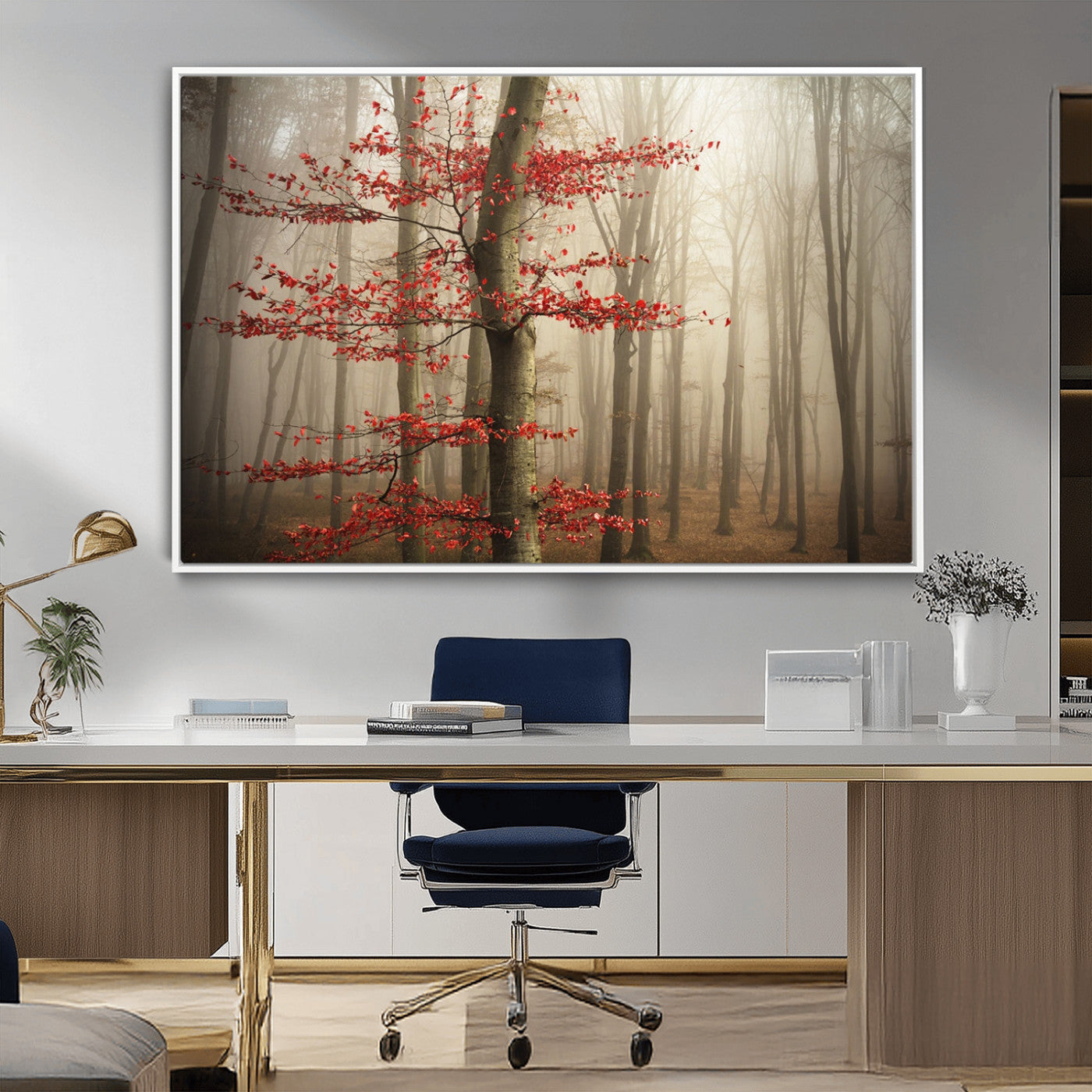 61855-MGV-FC-36X24_White-Misty Forest Wall Art – Red Tree with Autumn Leaves Canvas Print, Moody Woodland Nature Decor for Living Room, Bedroom, or Office