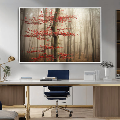 61855-MGV-FC-36X24_White-Misty Forest Wall Art – Red Tree with Autumn Leaves Canvas Print, Moody Woodland Nature Decor for Living Room, Bedroom, or Office