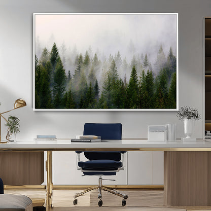 11436-MGV-FC-36X24_White-Misty Forest Wall Art – Tranquil Evergreen Tree Canvas Print with Foggy Landscape, Nature Inspired Artwork for Bedroom, Living