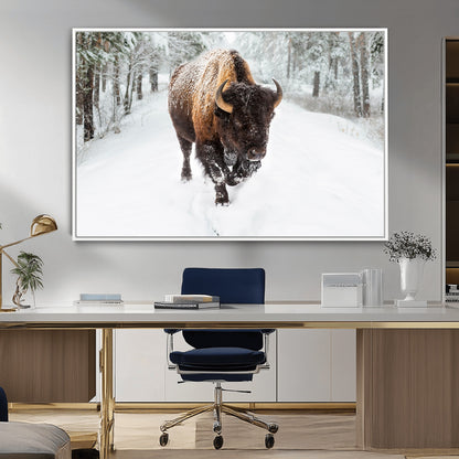 84699-MGV-CV-36X24-Bison in Winter Wall Art – Majestic Buffalo Canvas Print with Snowy Forest Landscape, Rustic Wildlife Artwork for Cabin, Living