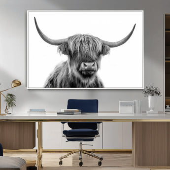 10123-MGV-FC-36X24_White-Black and White Highland Cow Wall Art – Modern Farmhouse Animal Print, Rustic Scottish Bull Canvas Decor for Living Room, Bedroom,