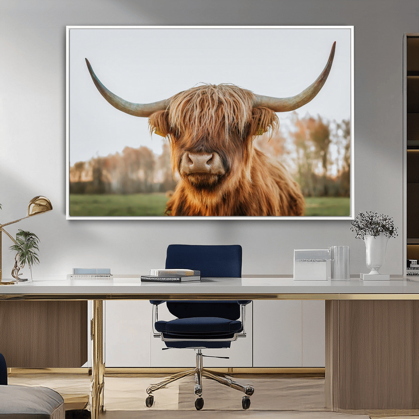 64824-MGV-FC-36X24_White-Highland Cow Wall Art – Rustic Scottish Bull Canvas Print, Farmhouse Animal Decor for Living Room, Bedroom, Office or Cabin