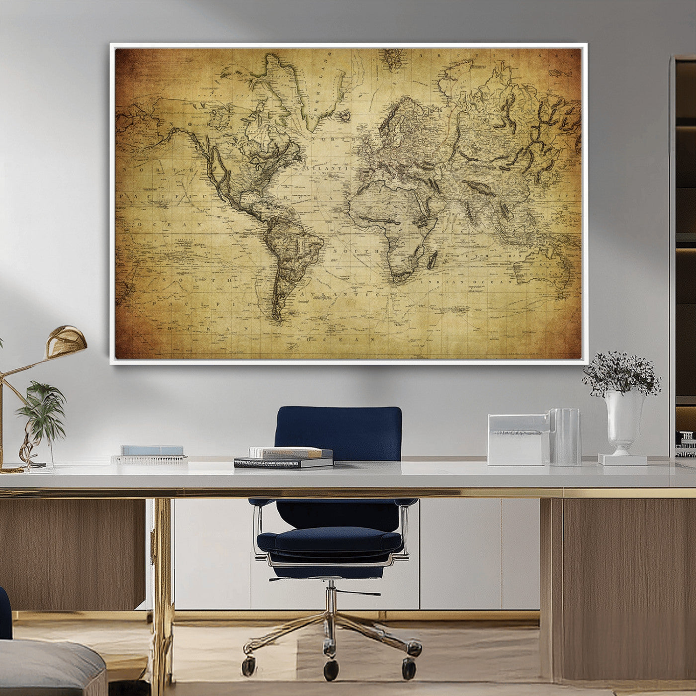 20669-MGV-FC-36X24_White-World Map Wall Art – Antique Style Old World Atlas Print, Rustic Travel Decor for Office, Study, Library or Living Room