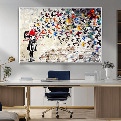 88654-MGV-FC-36X24_White-Butterfly Explosion Graffiti Wall Art – Street Art Canvas Print, Colorful Butterfly Spray Mural, Modern Abstract Urban Wall Decor