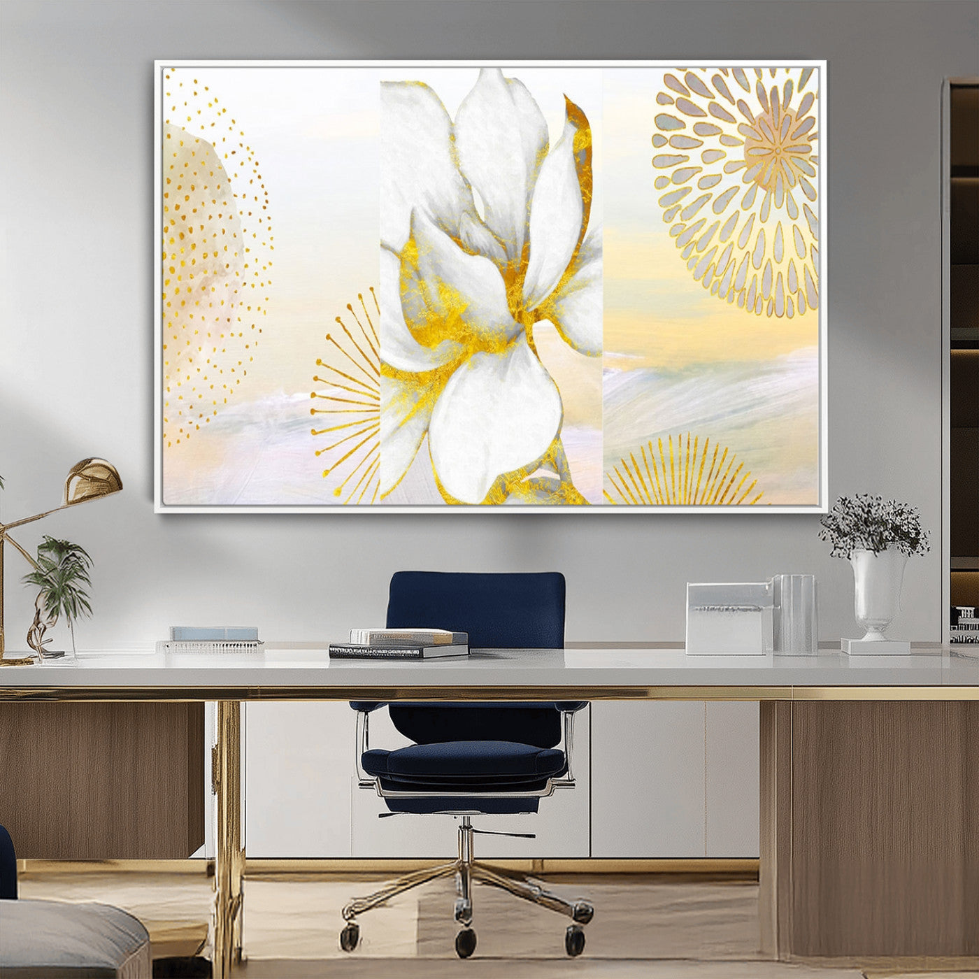 82301-MGV-FC-36X24_White-Modern Floral Wall Art – White Flower with Gold Detailing Canvas Print, Elegant Abstract Artwork for Living Room, Bedroom, or