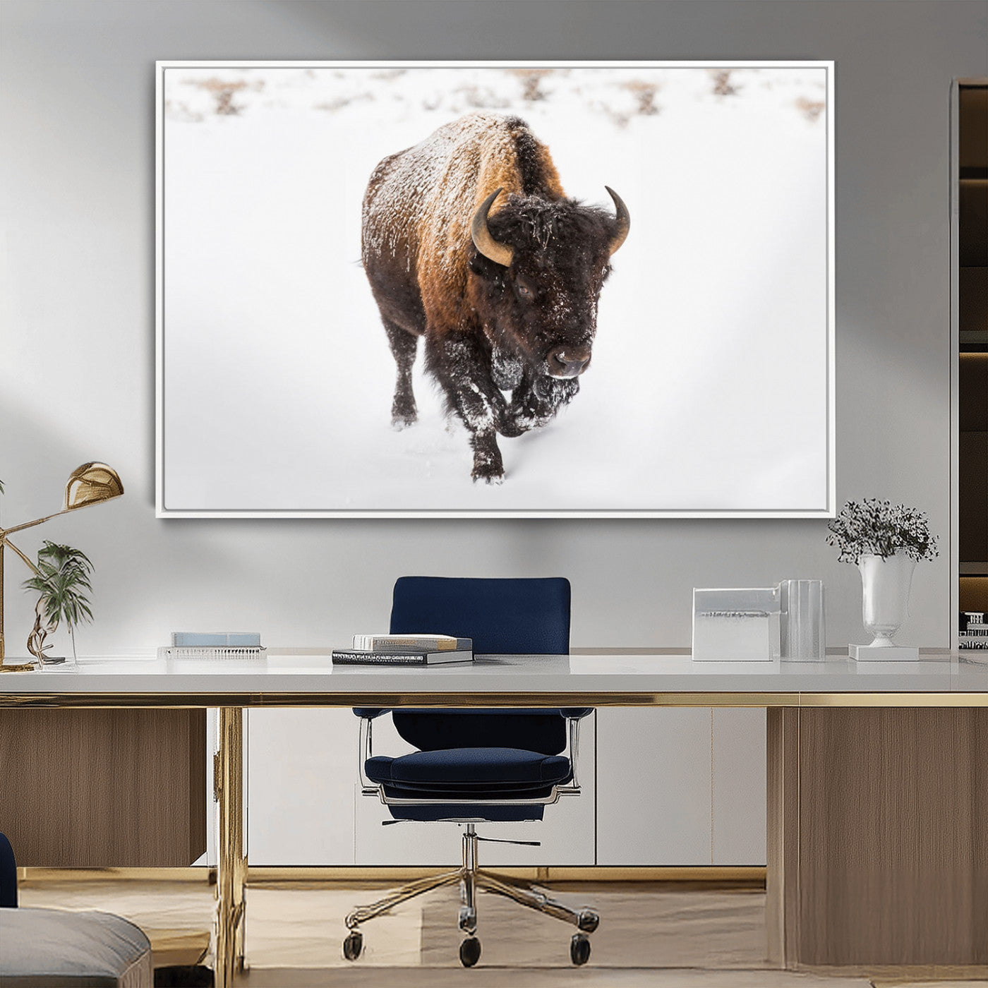19889-MGV-FC-36X24_White-Snow Bison Wall Art – Majestic Buffalo Winter Landscape Canvas Print, Rustic Wildlife Photography Decor for Cabin, Lodge, Living