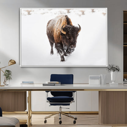 19889-MGV-FC-36X24_White-Snow Bison Wall Art – Majestic Buffalo Winter Landscape Canvas Print, Rustic Wildlife Photography Decor for Cabin, Lodge, Living
