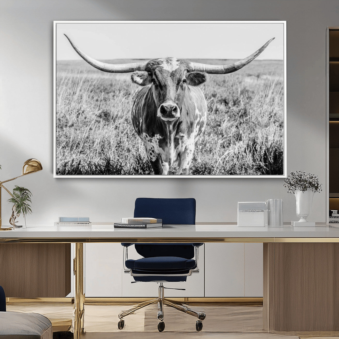 77320-MGV-FC-36X24_White-Texas Longhorn Wall Art – Black and White Western Cattle Canvas Print, Rustic Farmhouse Animal Photography Decor for Living Room,