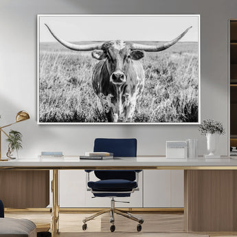 77320-MGV-FC-36X24_White-Texas Longhorn Wall Art – Black and White Western Cattle Canvas Print, Rustic Farmhouse Animal Photography Decor for Living Room,