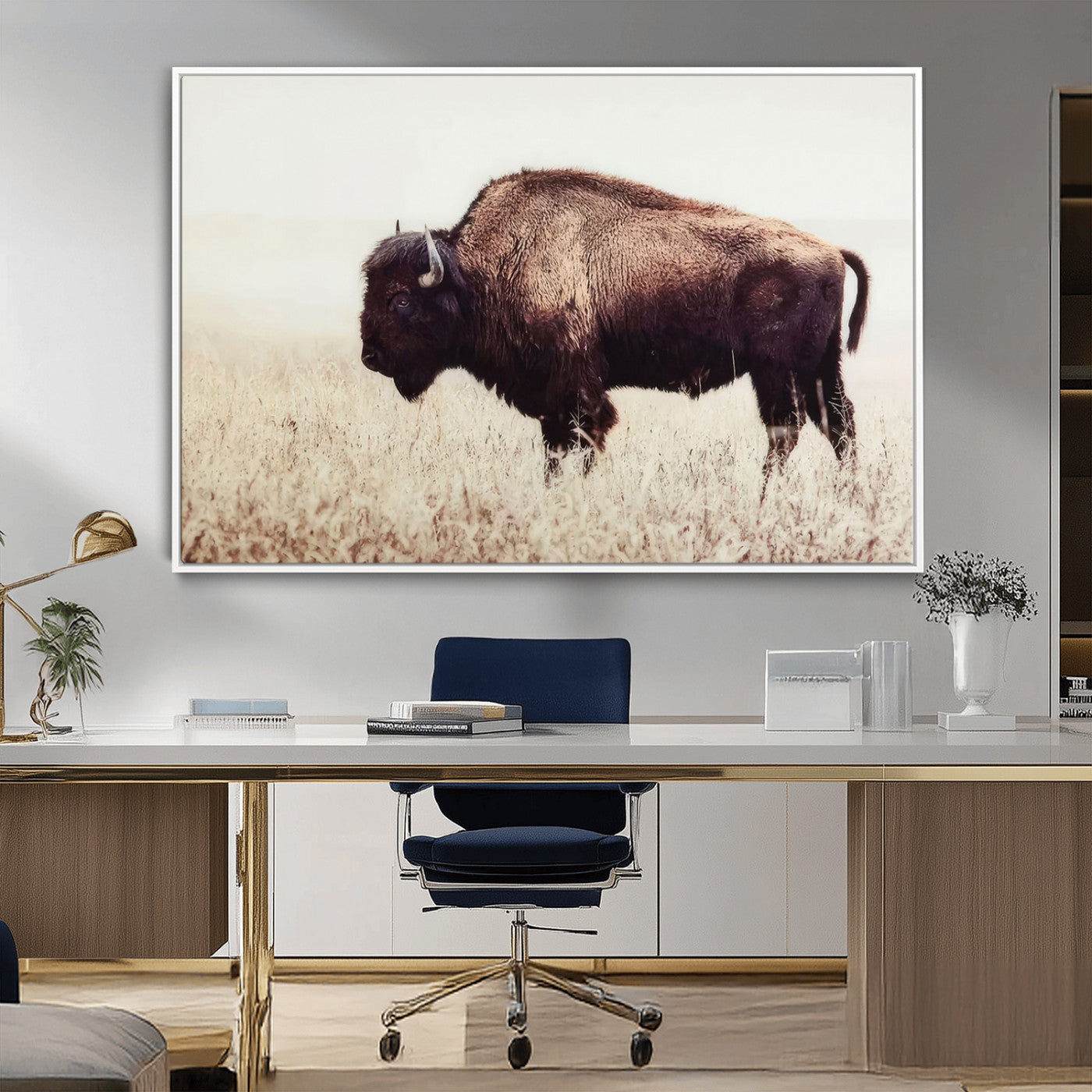 48406-MGV-FC-36X24_White-American Bison Wall Art – Rustic Buffalo Canvas Print in Prairie Field, Western Wildlife Photography Decor for Cabin, Lodge,