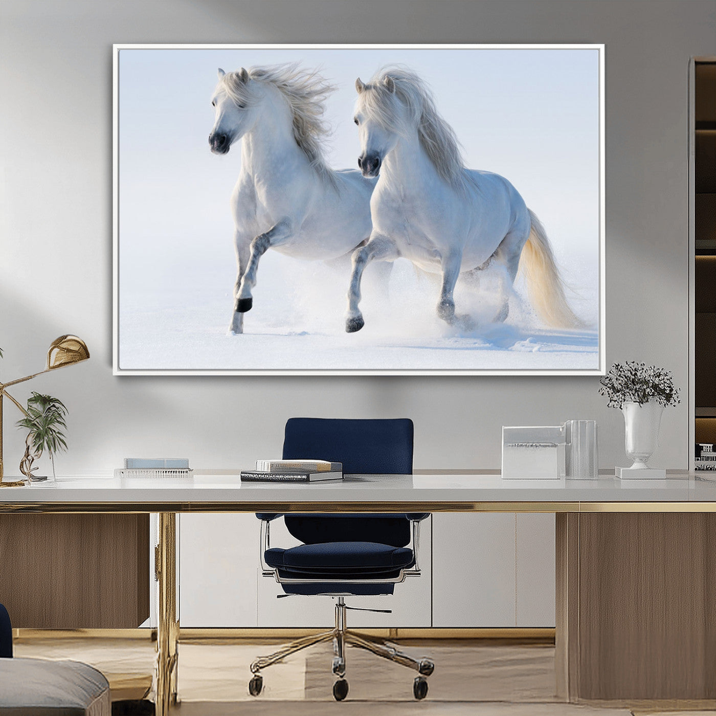 80145-MGV-FC-36X24_White-White Horses Running Snow Wall Art – Majestic Equine Canvas Print, Winter Nature Photography Decor for Living Room, Office,