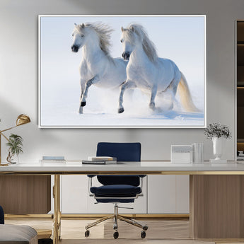 80145-MGV-FC-36X24_White-White Horses Running Snow Wall Art – Majestic Equine Canvas Print, Winter Nature Photography Decor for Living Room, Office,