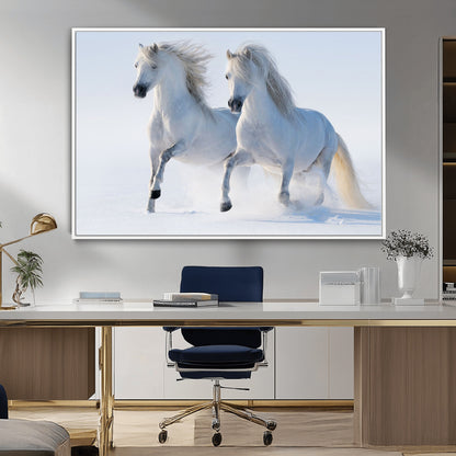 80145-MGV-FC-36X24_White-White Horses Running Snow Wall Art – Majestic Equine Canvas Print, Winter Nature Photography Decor for Living Room, Office,