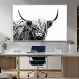51957-MGV-CV-36X24-Highland Cow Wall Art – Black and White Scottish Highland Bull Canvas Print, Rustic Farmhouse Animal Decor for Living Room,