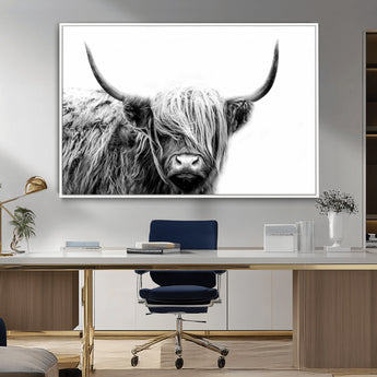 51957-MGV-CV-36X24-Highland Cow Wall Art – Black and White Scottish Highland Bull Canvas Print, Rustic Farmhouse Animal Decor for Living Room,
