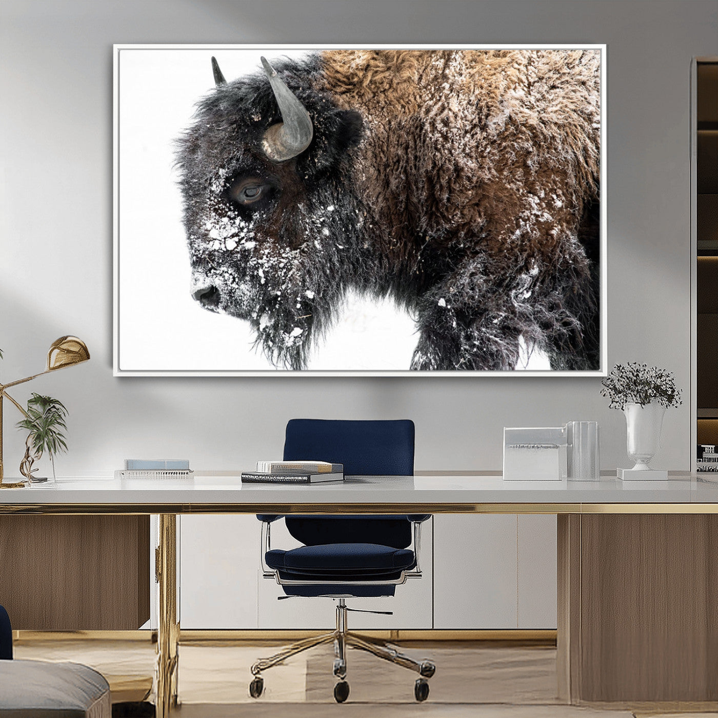 24304-MGV-CV-36X24-Bison Wall Art Canvas Print, Framed Winter Bison Art Picture Print, Snowy Buffalo Perfect Rustic Farmhouse Decor Artwork