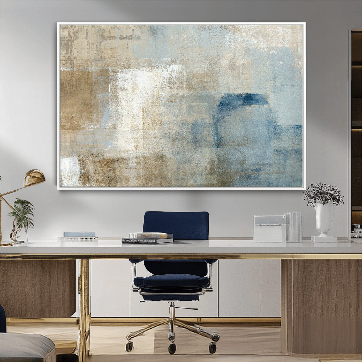 38126-MGV-FC-36X24_White-Neutral Abstract Wall Art – Modern Beige and Blue Canvas Print and Minimalist Textured Painting for Living Room, Bedroom or Office