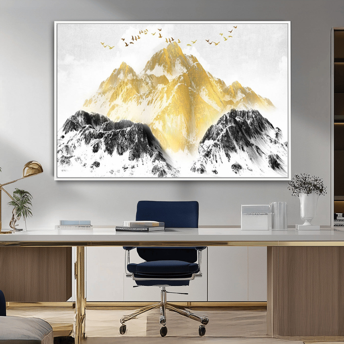 37733-MGV-FC-36X24_White-Golden Mountain Wall Art – Modern Abstract Landscape Canvas Print with Birds, Luxury Nature Decor for Living Room, Bedroom, or