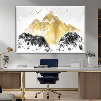 37733-MGV-FC-36X24_White-Golden Mountain Wall Art – Modern Abstract Landscape Canvas Print with Birds, Luxury Nature Decor for Living Room, Bedroom, or