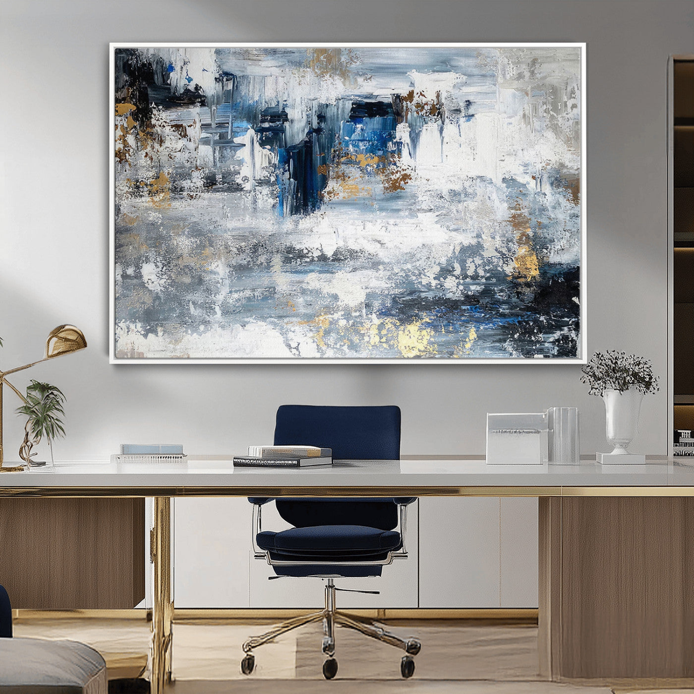 59716-MGV-FC-36X24_White-Abstract Blue and Gold Wall Art – Modern Textured Canvas Print, Contemporary Painting for Living Room, Bedroom, or Office Decor