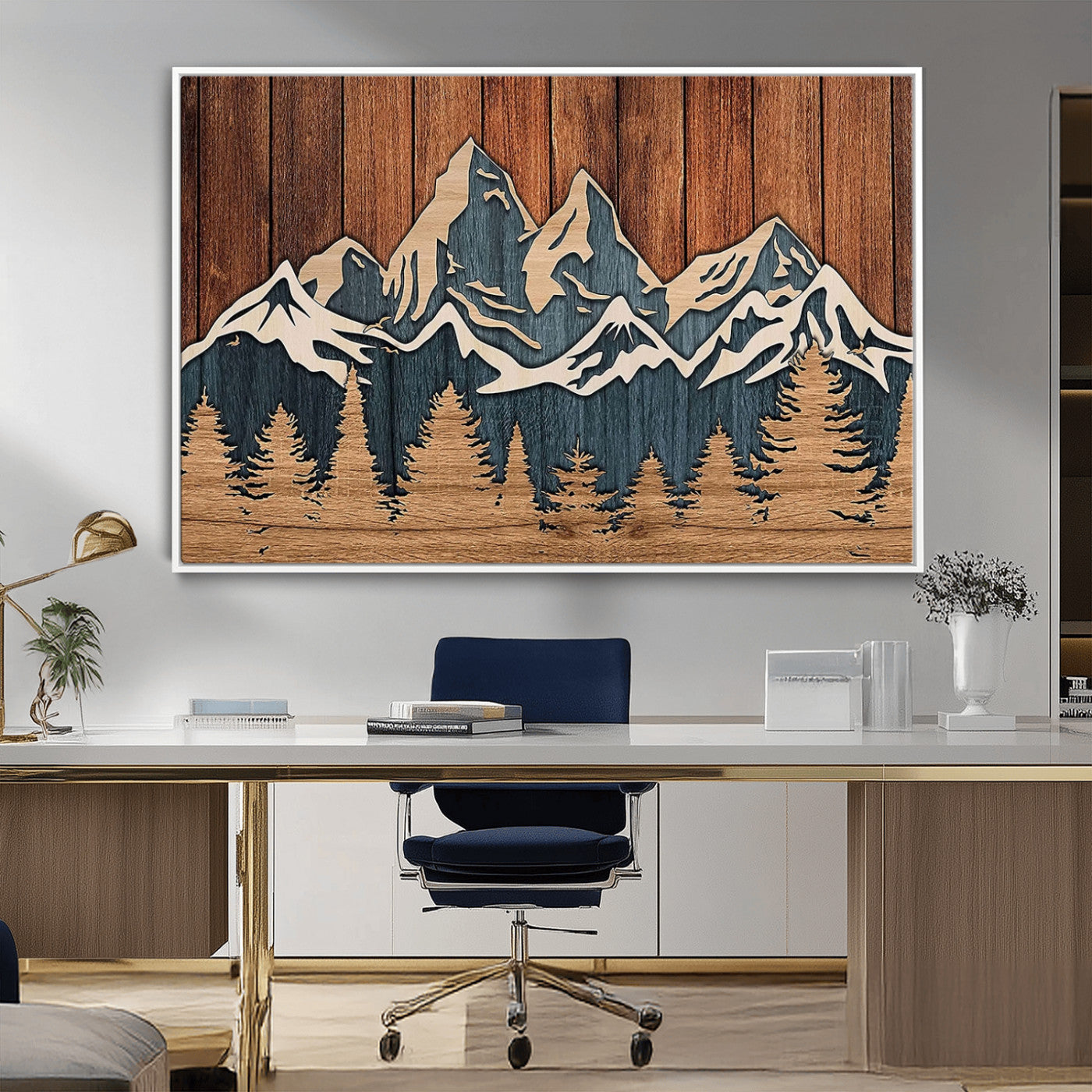 41330-MGV-FC-36X24_White-Rustic Mountain Wall Art – Wooden Nature Scene with Trees and Peaks, Handmade 3D Layered Decor for Living Room, Cabin or Office