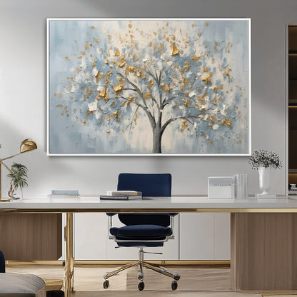 65811-MGV-FC-36X24_White-Abstract Tree Wall Art – Textured Canvas Painting with Gold and White Leaves, Modern Nature Inspired Decor for Living Room or