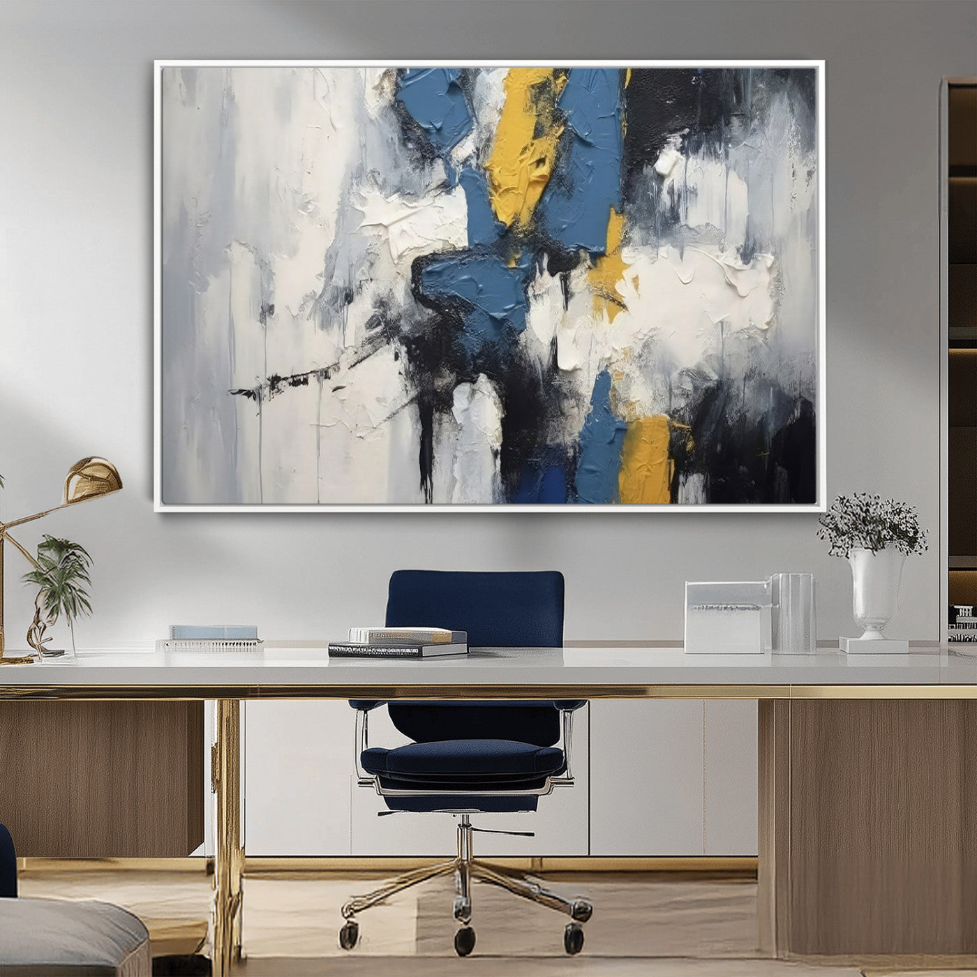 63850-MGV-CV-36X24-Abstract Blue and Yellow Wall Art – Modern Textured Canvas Painting, Bold Contemporary Artwork for Living Room, Bedroom or Office