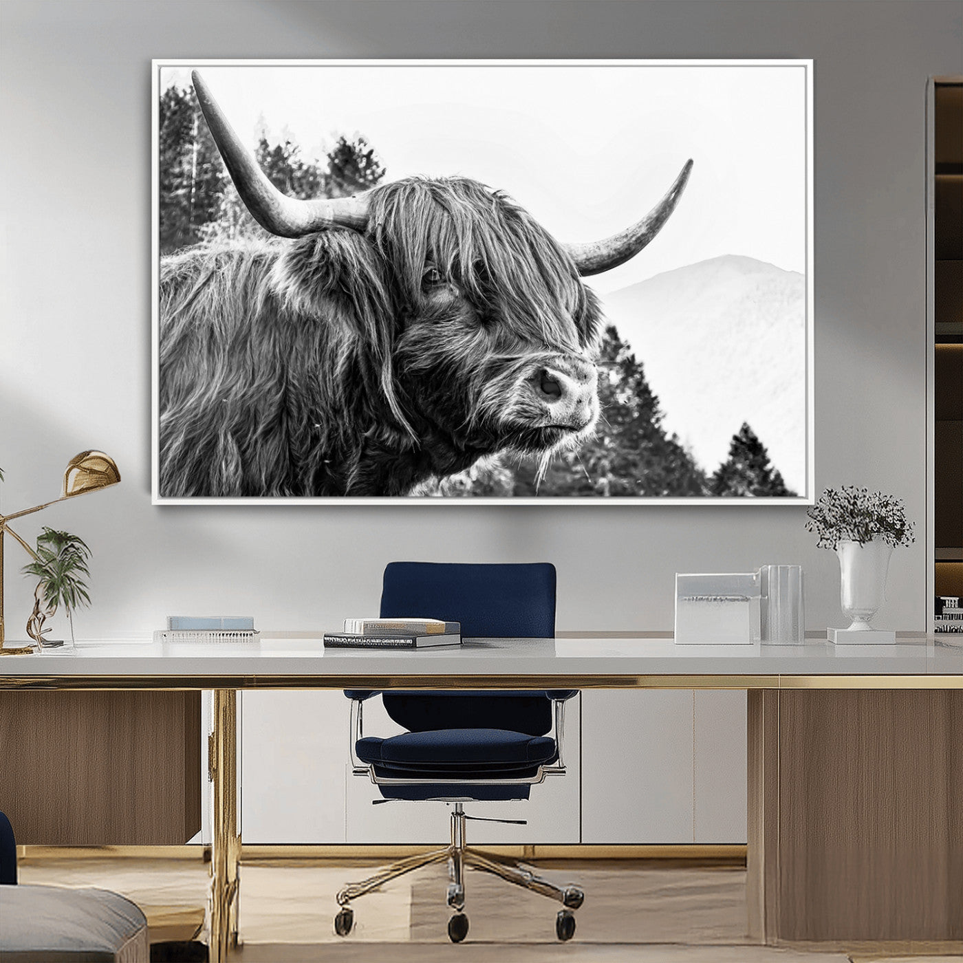 61570-MGV-CV-36X24-Highland Cow Wall Art – Black and White Scottish Bull Canvas Print, Rustic Farmhouse Animal Decor for Living Room, Bedroom, or