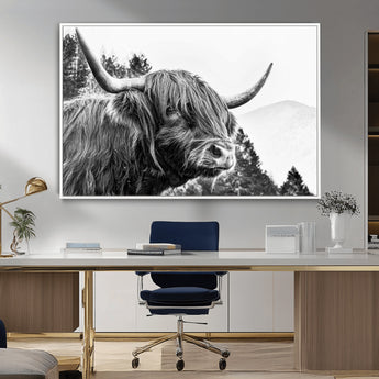 61570-MGV-CV-36X24-Highland Cow Wall Art – Black and White Scottish Bull Canvas Print, Rustic Farmhouse Animal Decor for Living Room, Bedroom, or