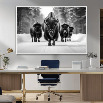 45287-MGV-CV-36X24-Bison Herd Wall Art – Black and White Buffalo Snow Road Canvas Print, Rustic Wildlife Decor for Cabin, Lodge or Living Room