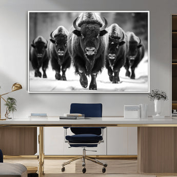 79872-MGV-CV-36X24-Bison Herd Wall Art – Black and White Buffalo on Snow Canvas Print, Rustic Wildlife Decor for Lodge, Cabin, or Living Room
